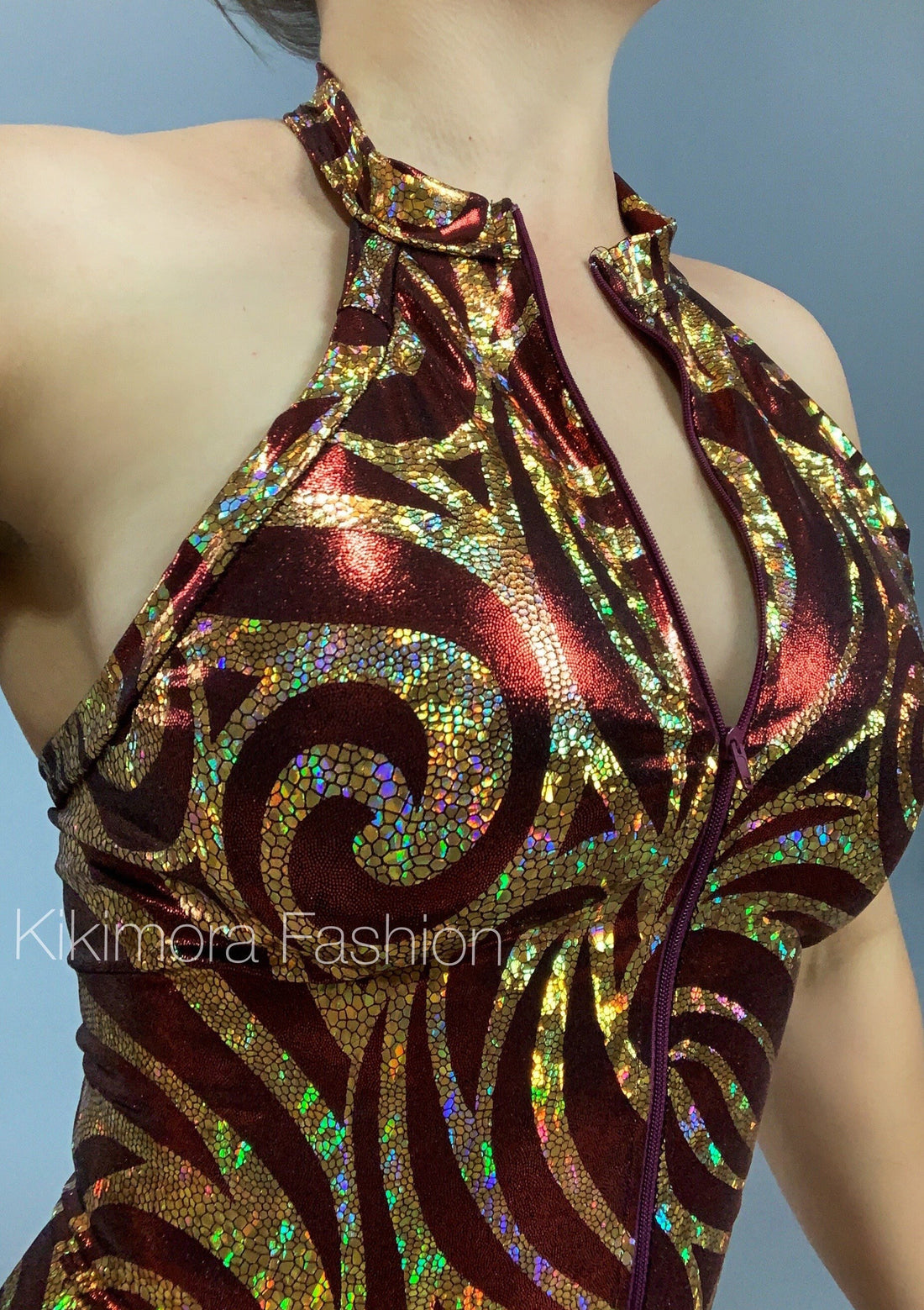 Red and Gold Shiny Catsuit, Open Back, Front Zipper, Sleeveless