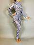 White and Blue Floral Catsuit, Porcelain Power Mesh Spandex Jumpsuit, Full Sleeves, Turtleneck