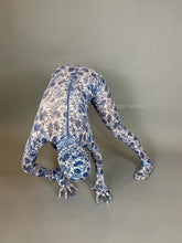 White and Blue Floral Catsuit, Porcelain Power Mesh Spandex Jumpsuit, Full Sleeves, Turtleneck