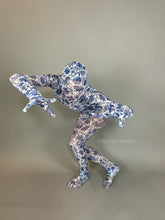 White and Blue Floral Catsuit, Porcelain Power Mesh Spandex Jumpsuit, Full Sleeves, Turtleneck