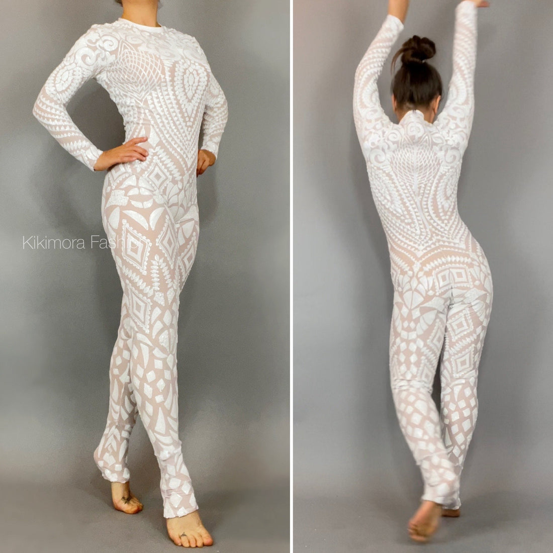 White Floral Sequin Catsuit, Scoop Neck, Full Sleeves, Back Zipper