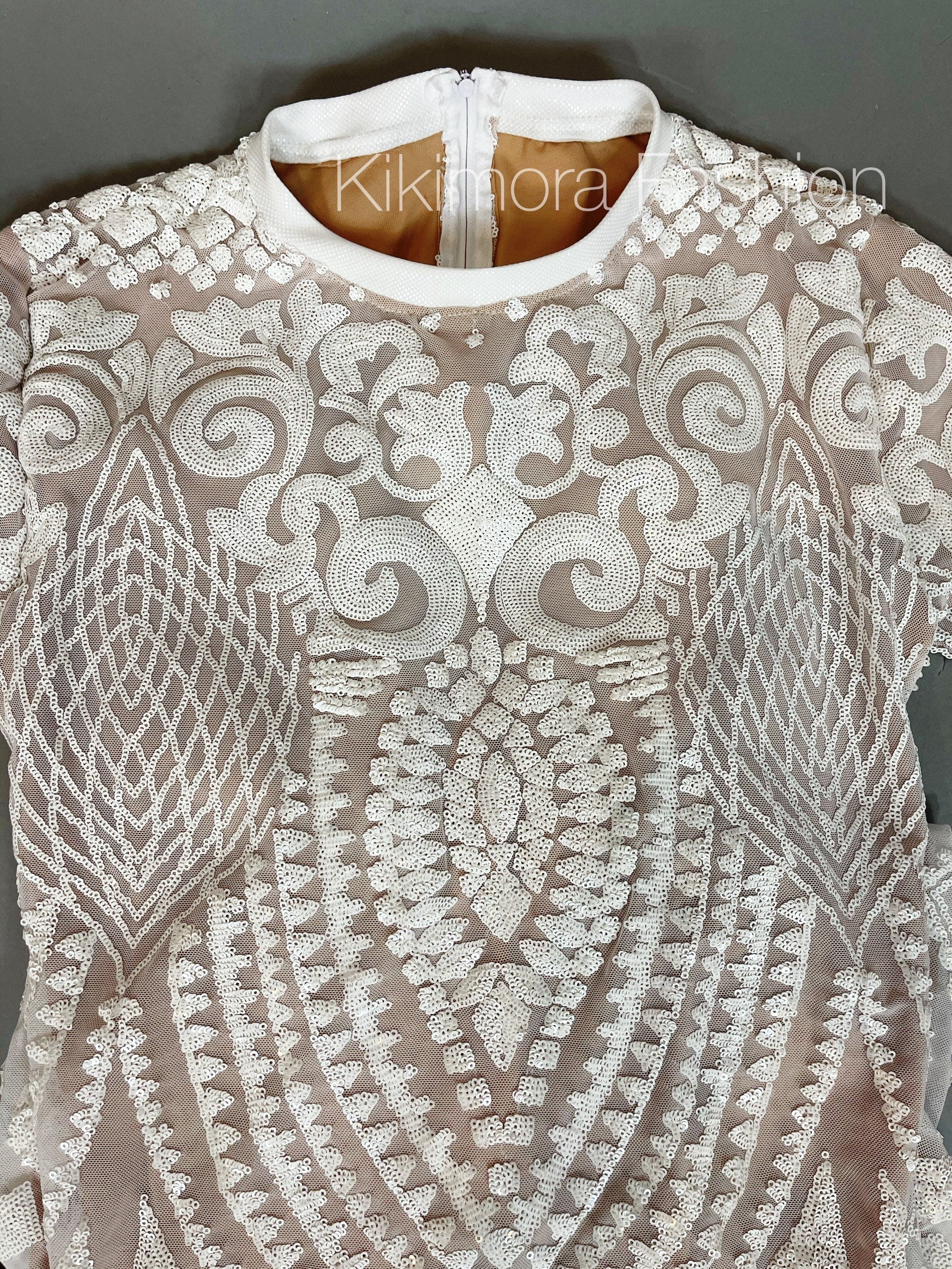 White Floral Sequin Catsuit, Scoop Neck, Full Sleeves, Back Zipper