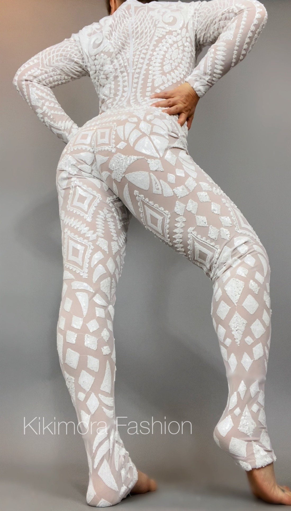White Floral Sequin Catsuit, Scoop Neck, Full Sleeves, Back Zipper