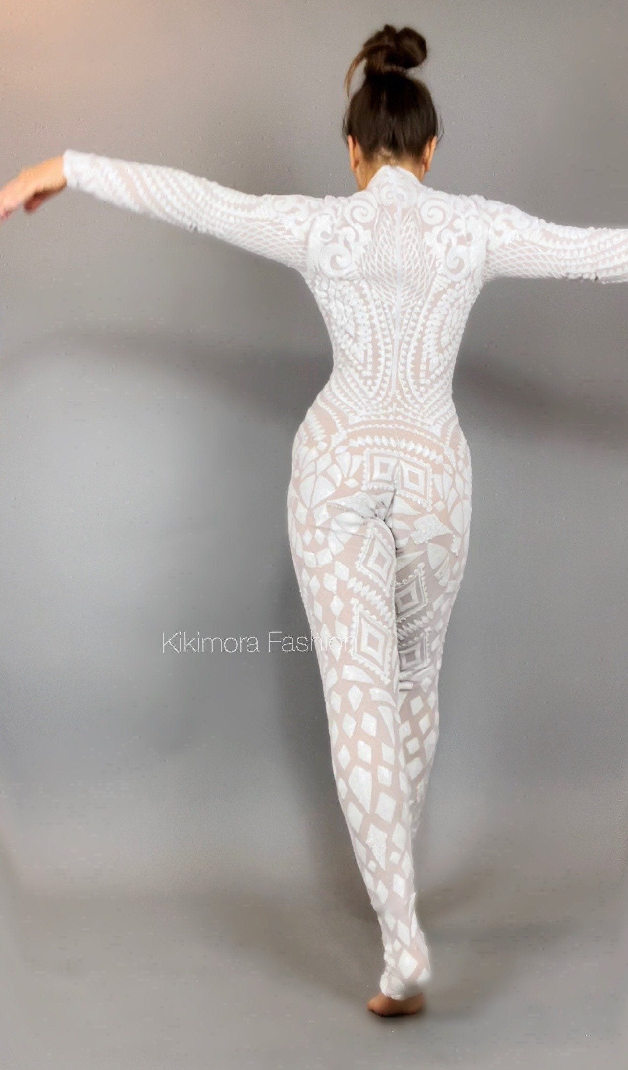 White Floral Sequin Catsuit, Scoop Neck, Full Sleeves, Back Zipper
