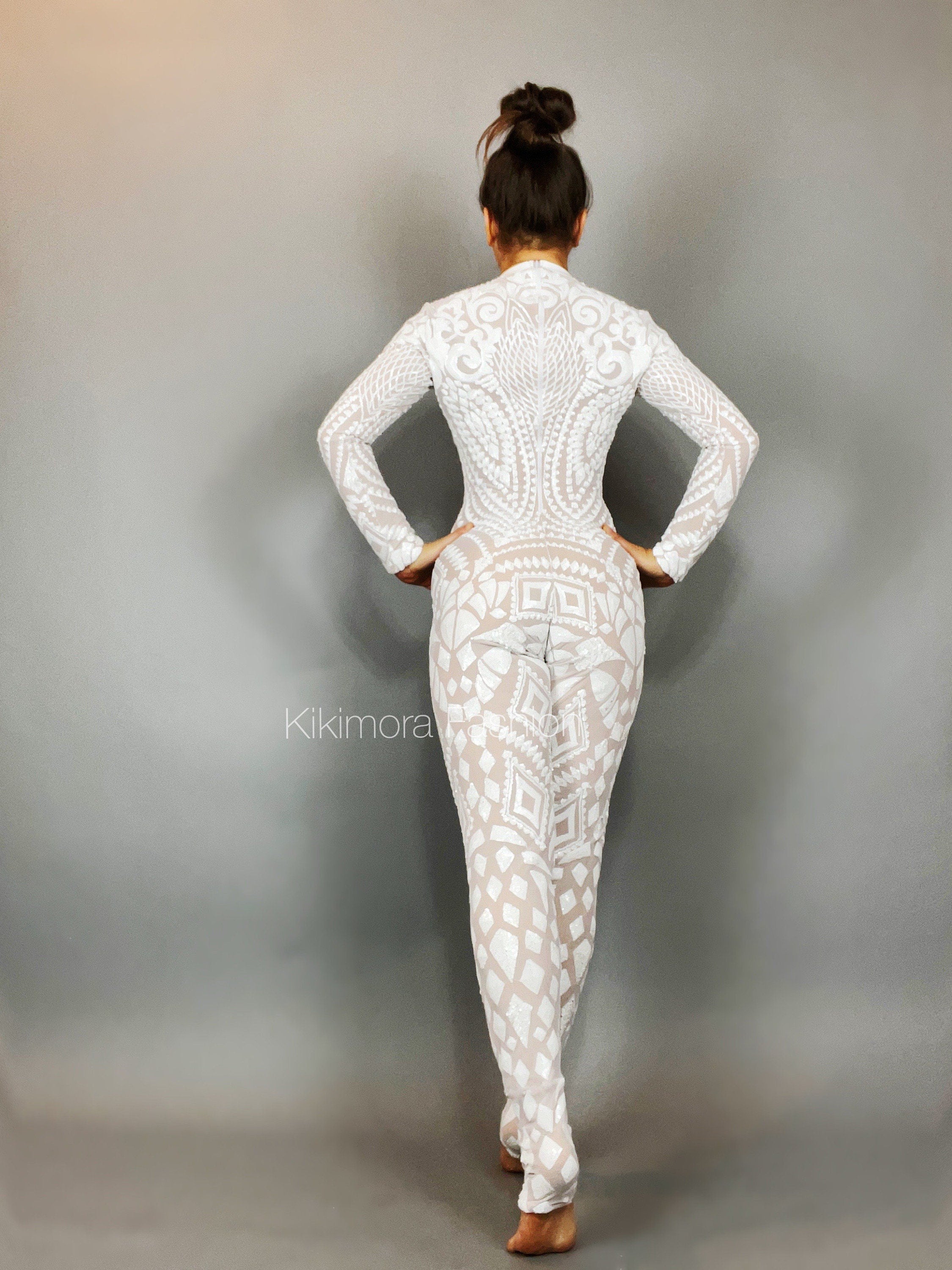 White Floral Sequin Catsuit, Scoop Neck, Full Sleeves, Back Zipper