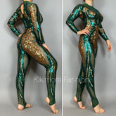 White and Gold Sequin Catsuit, Full Sleeves, Sequin Mesh Onesie