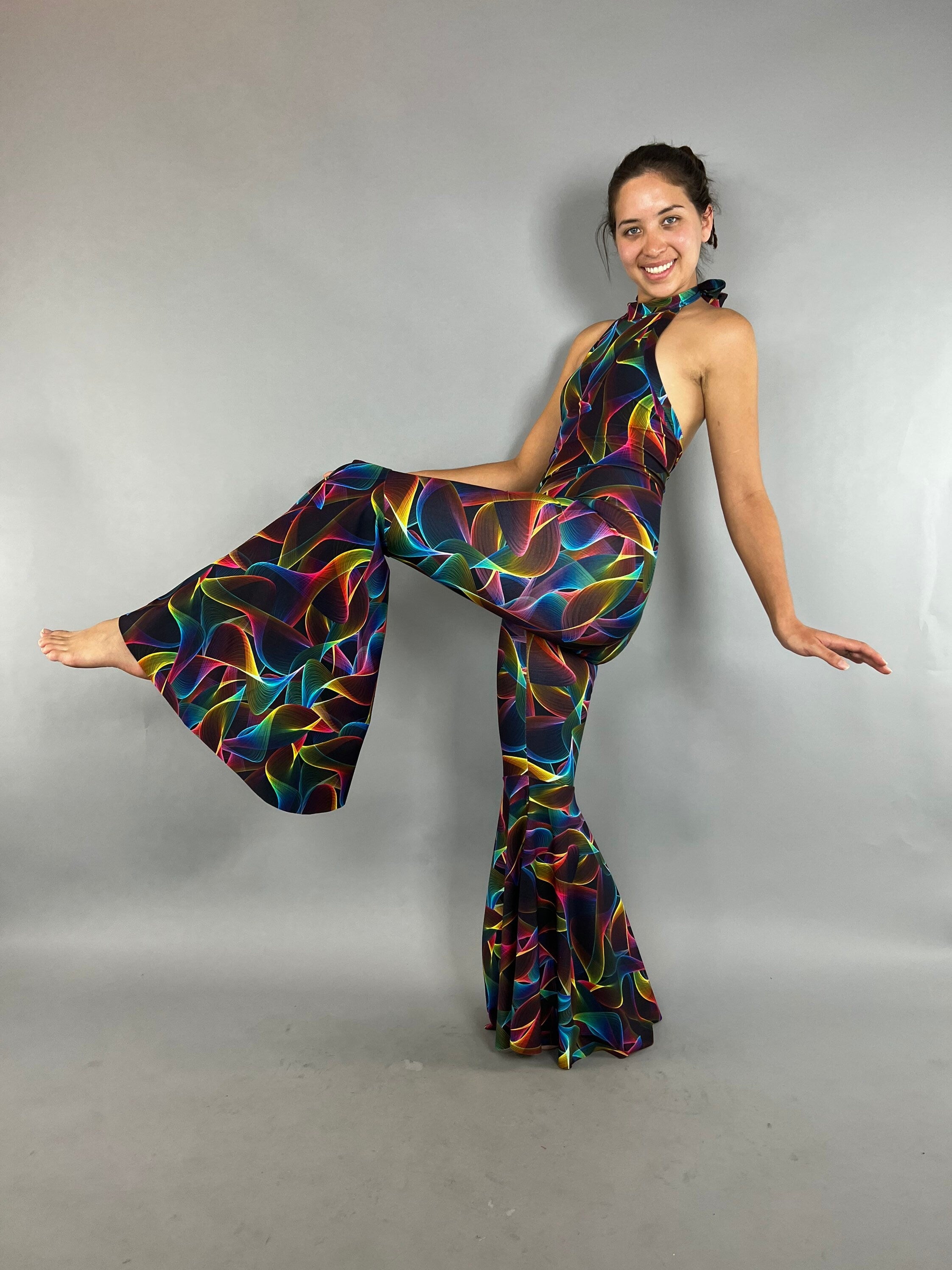 Rave Jumpsuit, Bellbottom one piece, Disco costume, Party outfit, Festival Fashion. Trending now, EDM outfit, go go dance outfit.