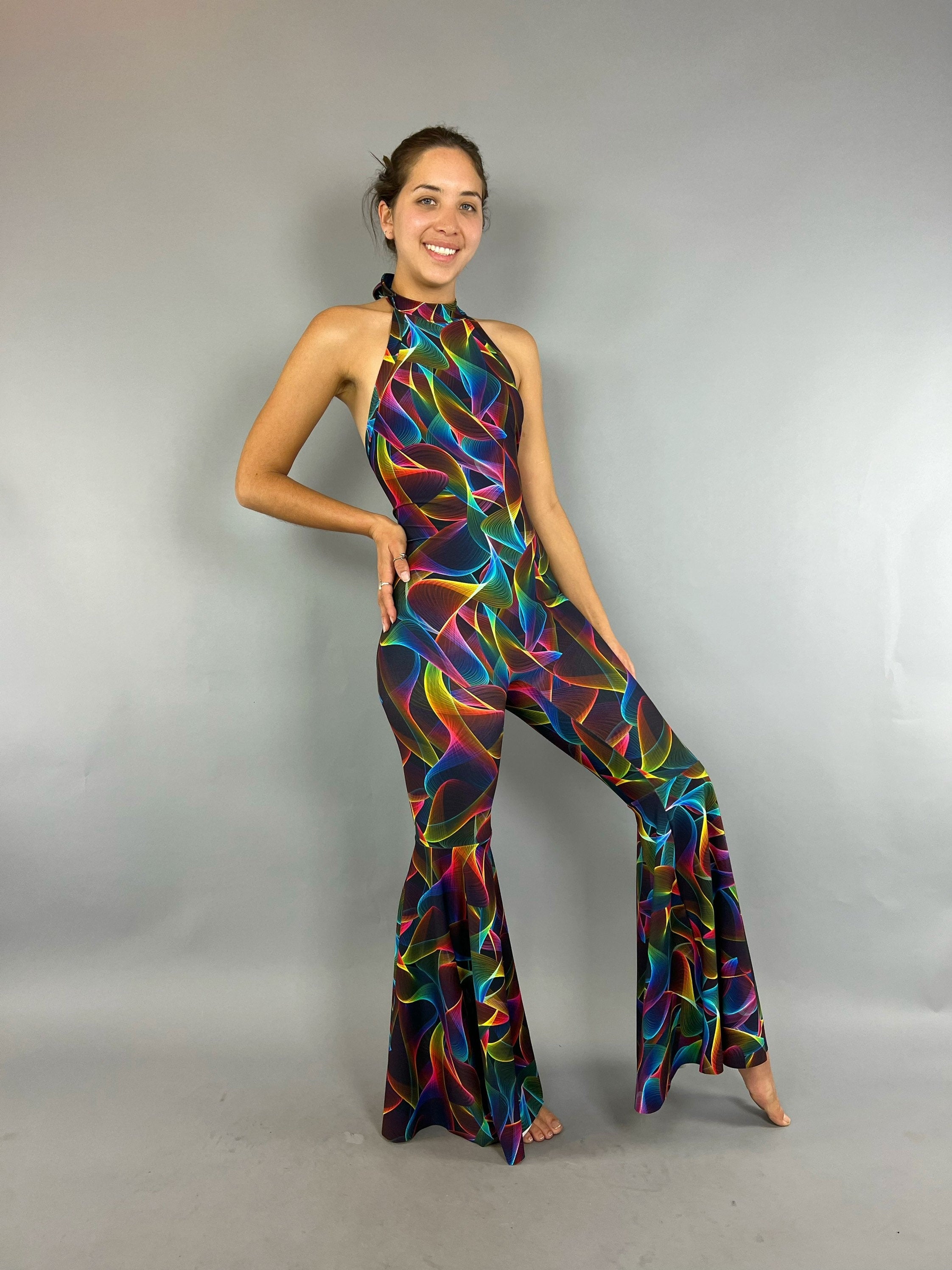 Rave Jumpsuit, Bellbottom one piece, Disco costume, Party outfit, Festival Fashion. Trending now, EDM outfit, go go dance outfit.