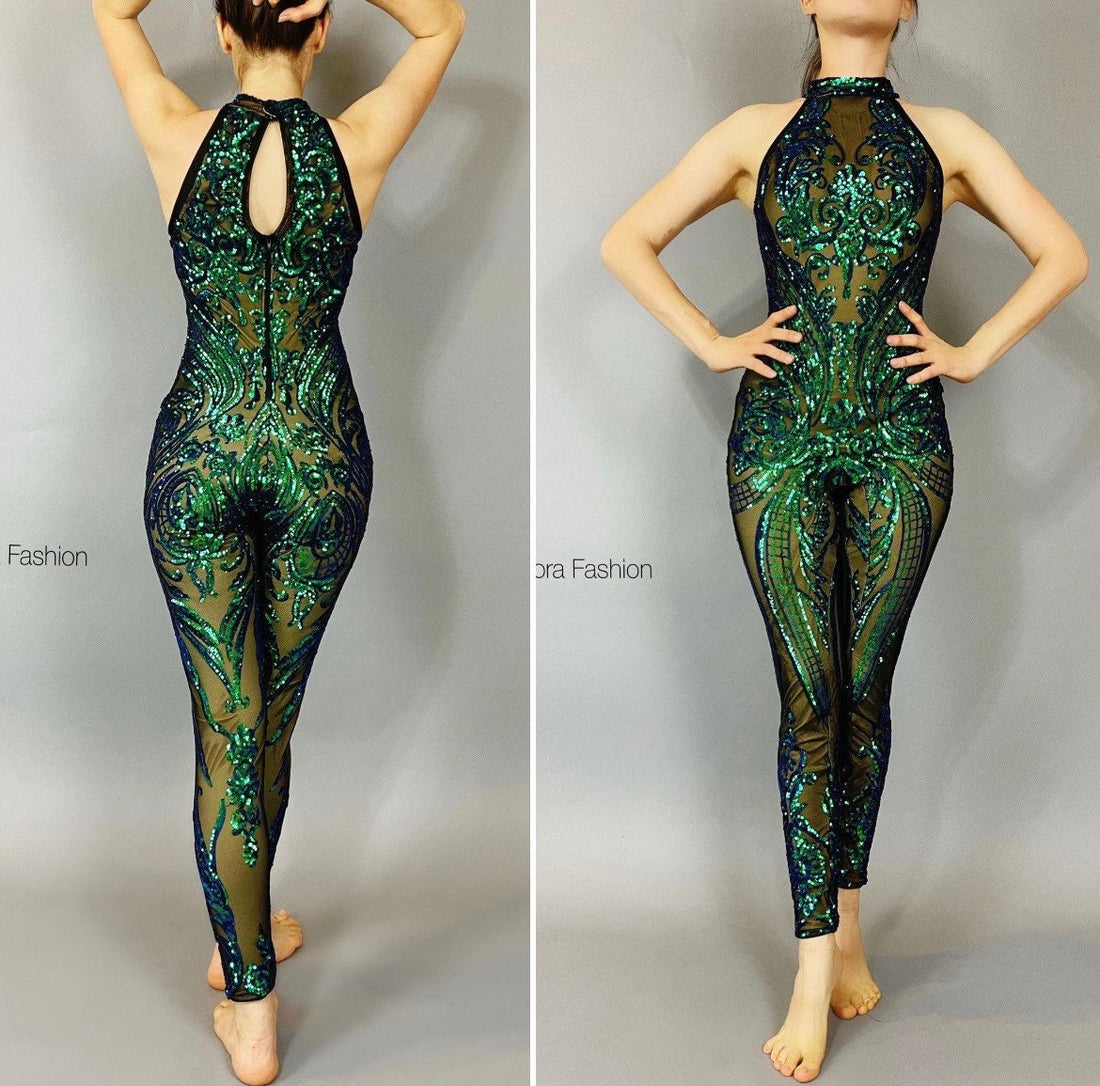Deep Forest, Glamour Catsuit, Sequins Jumpsuit, Stage Costume, Gymnastic and Party Outfit