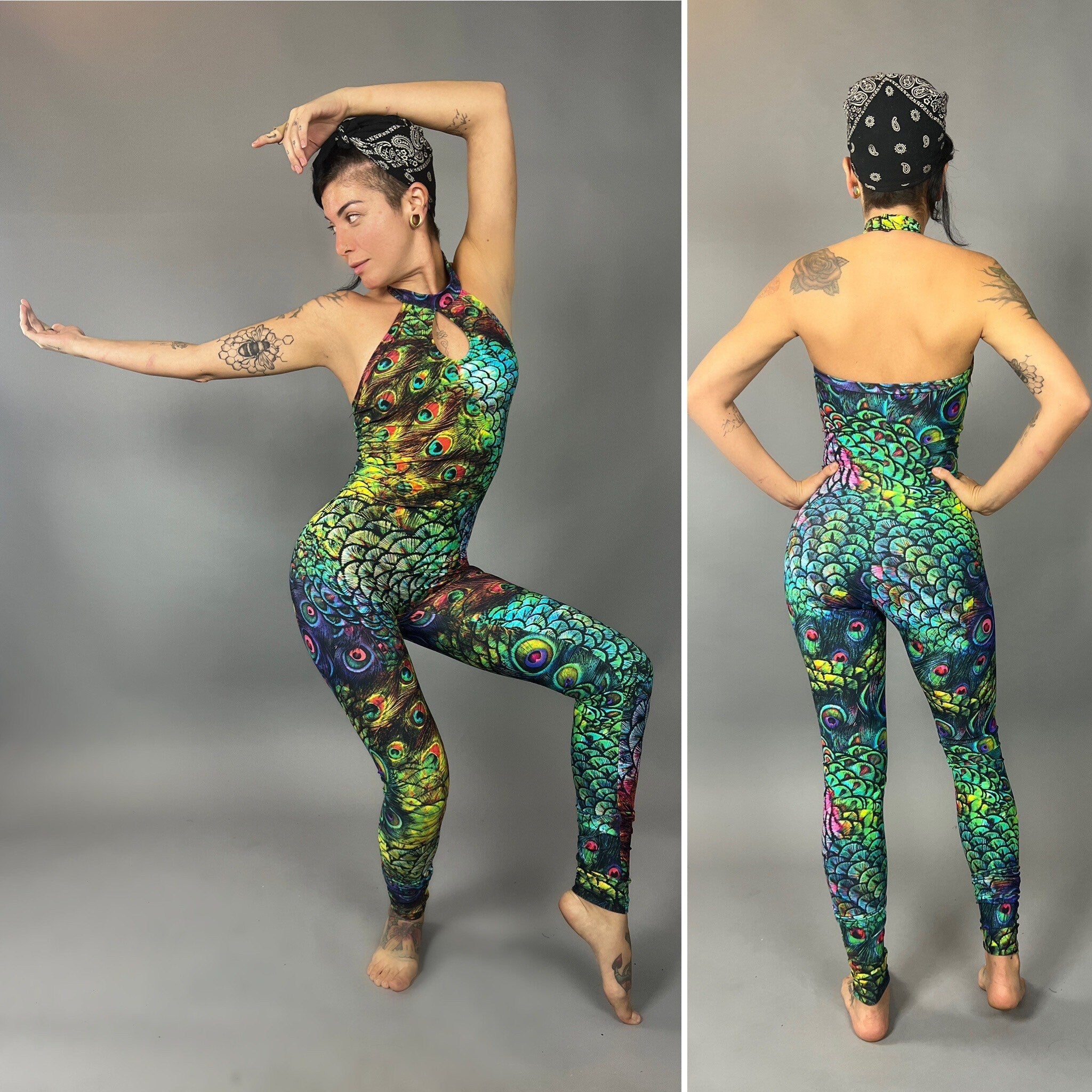 Colorful Peacock Catsuit, Beautiful Spandex Jumpsuit, Festival Fashion, Gymnastic Unitard, Trending Now, Exotic Dance Wear
