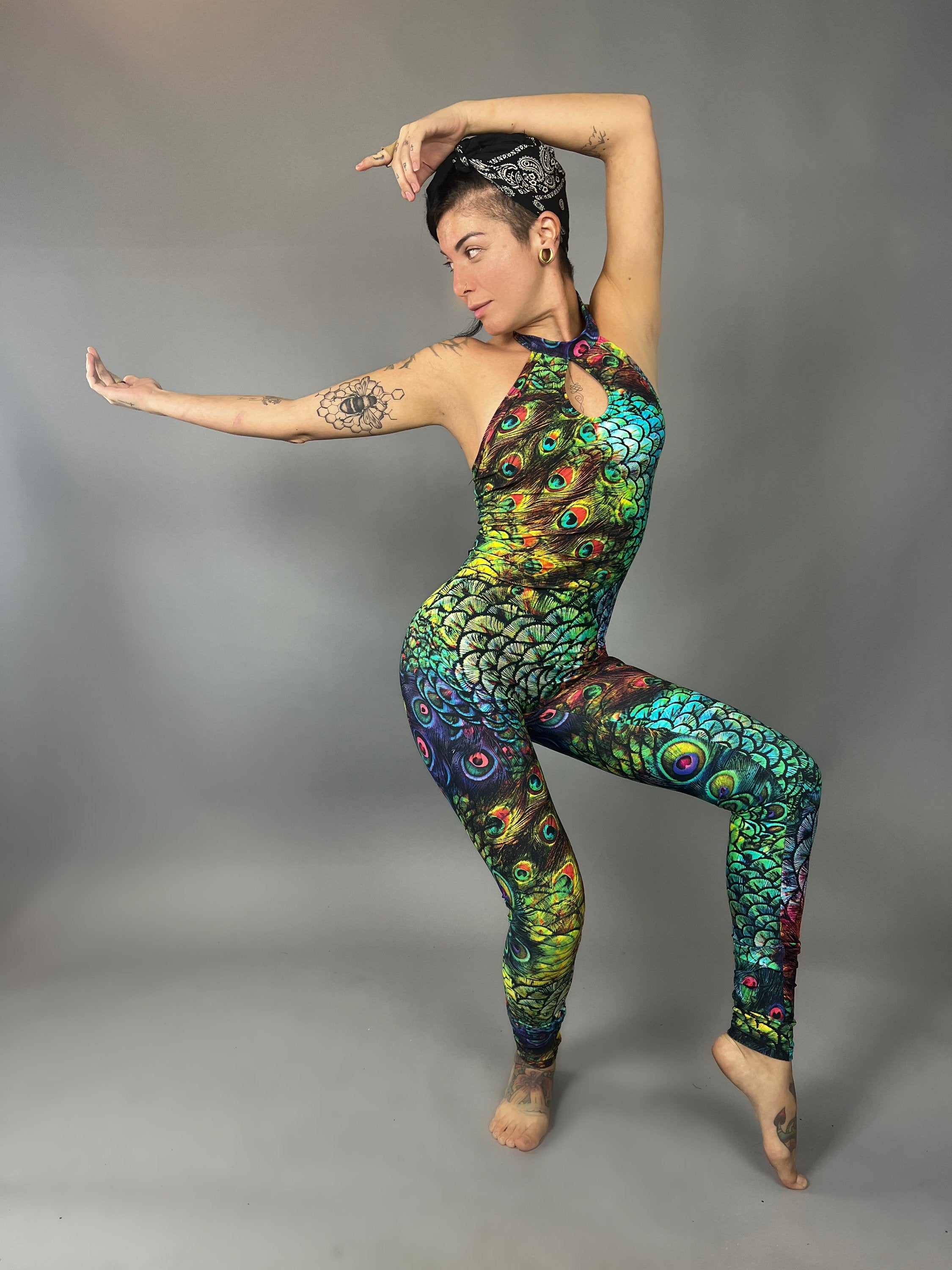 Colorful Peacock Catsuit, Beautiful Spandex Jumpsuit, Festival Fashion, Gymnastic Unitard, Trending Now, Exotic Dance Wear