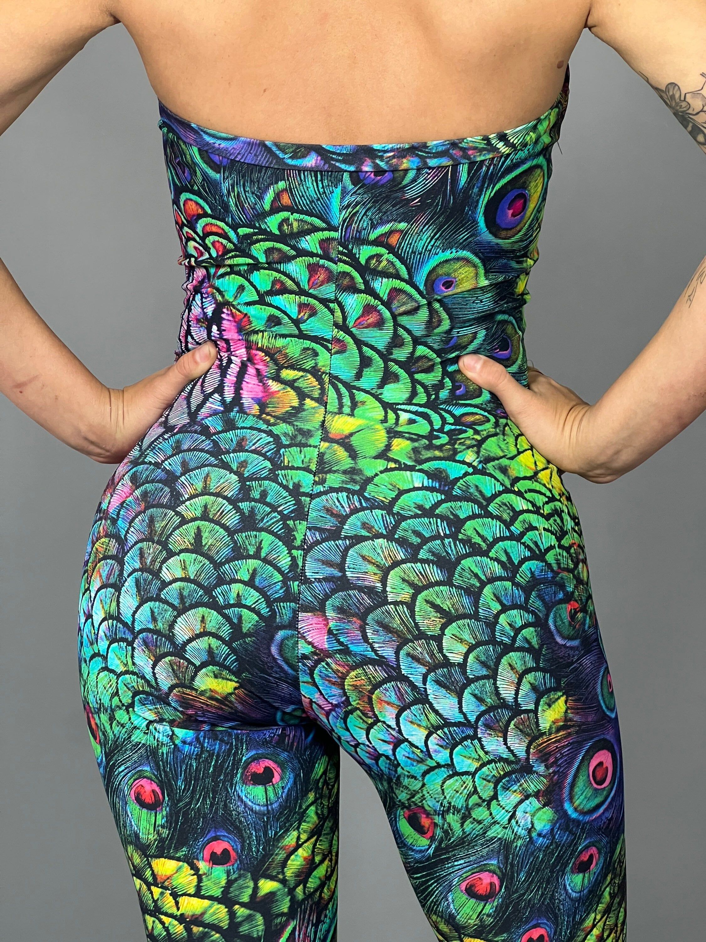 Colorful Peacock Catsuit, Beautiful Spandex Jumpsuit, Festival Fashion, Gymnastic Unitard, Trending Now, Exotic Dance Wear