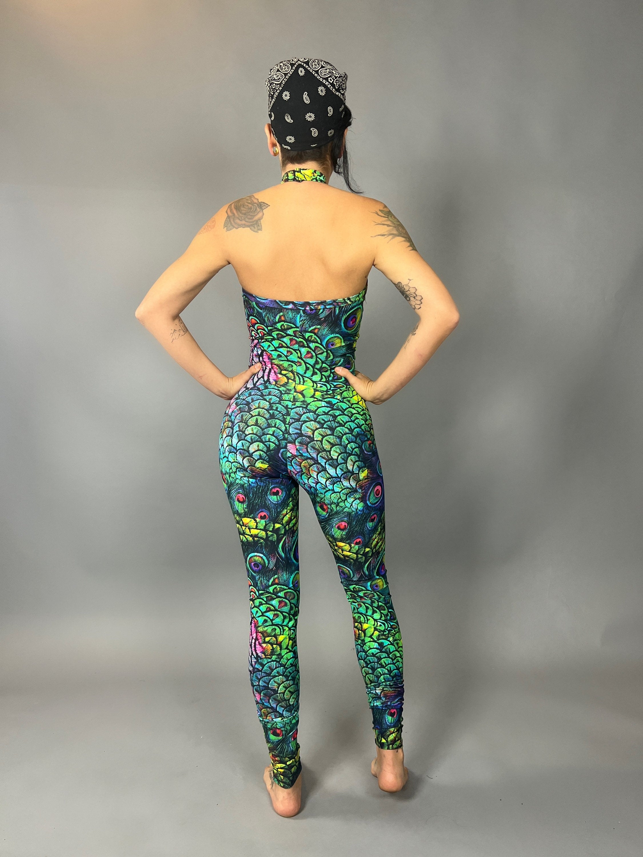 Colorful Peacock Catsuit, Beautiful Spandex Jumpsuit, Festival Fashion, Gymnastic Unitard, Trending Now, Exotic Dance Wear