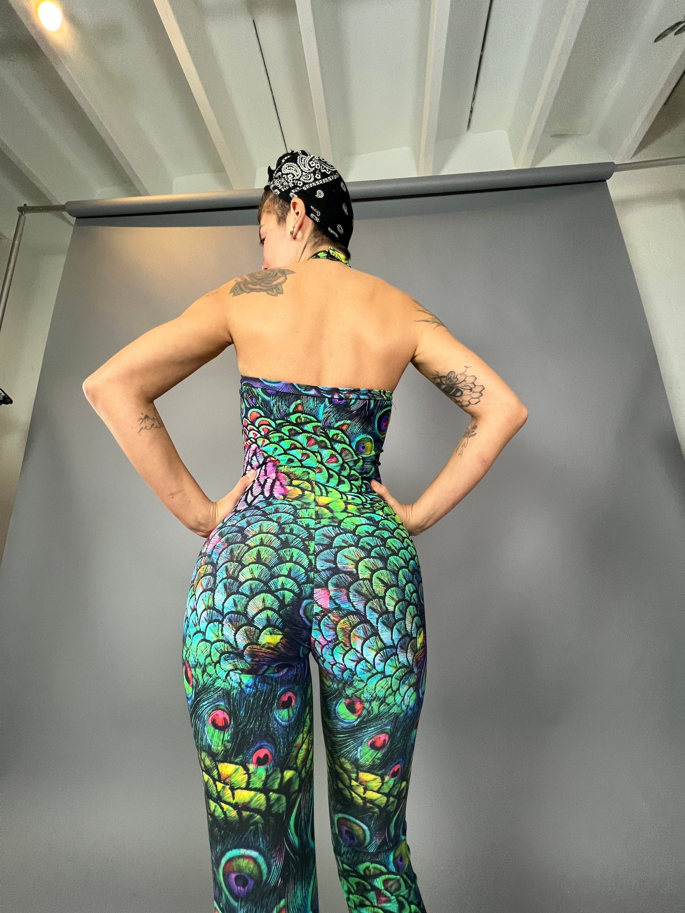 Colorful Peacock Catsuit, Beautiful Spandex Jumpsuit, Festival Fashion, Gymnastic Unitard, Trending Now, Exotic Dance Wear