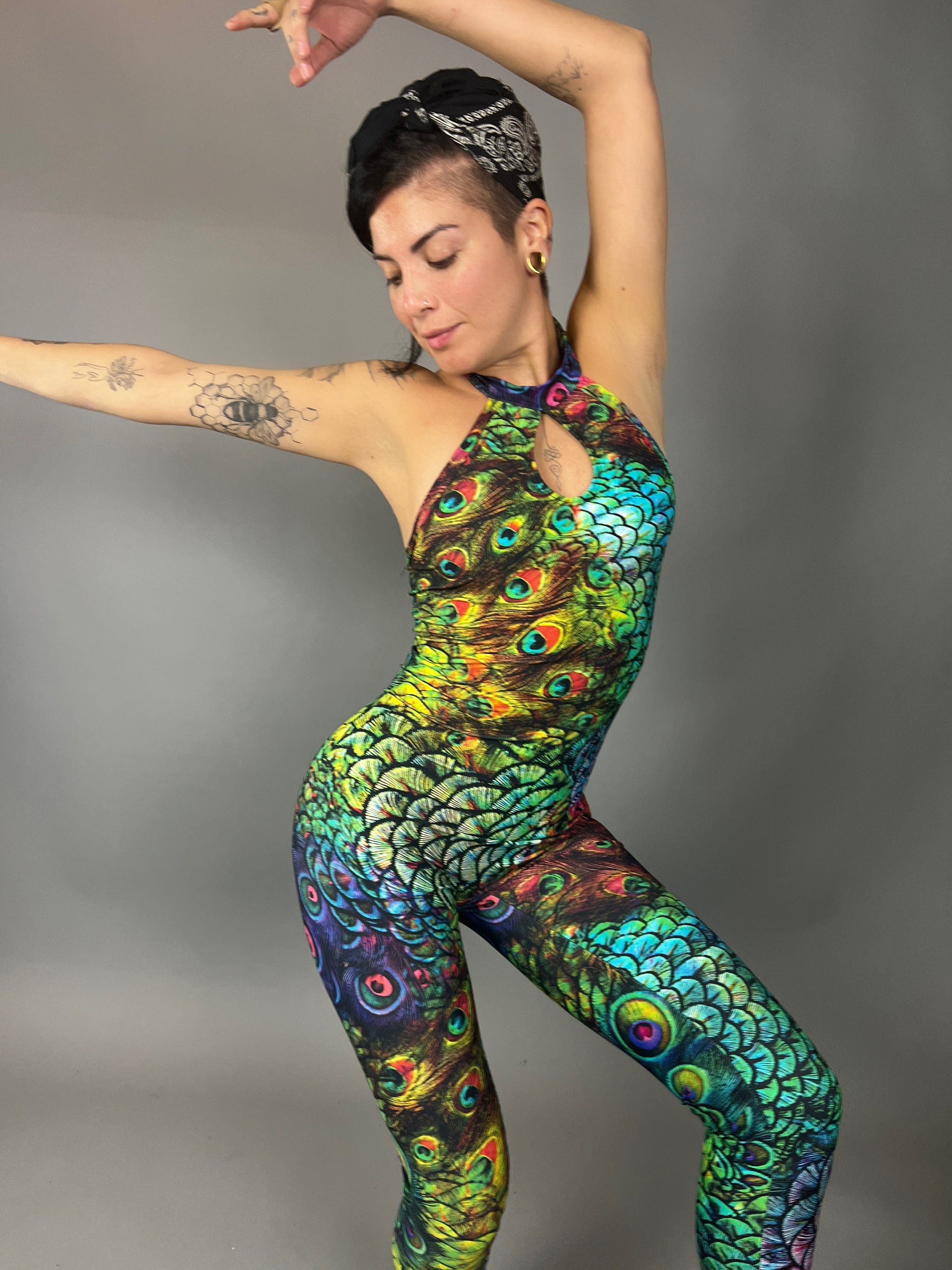 Colorful Peacock Catsuit, Beautiful Spandex Jumpsuit, Festival Fashion, Gymnastic Unitard, Trending Now, Exotic Dance Wear