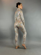Silver Rhinestone Triangle Catsuit Costume, Shiny Bodysuit, Full Sleeves, Turtleneck