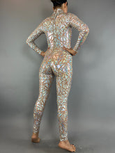 Silver Rhinestone Triangle Catsuit Costume, Shiny Bodysuit, Full Sleeves, Turtleneck