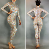Silver Rhinestone Triangle Catsuit Costume, Shiny Bodysuit, Full Sleeves, Turtleneck
