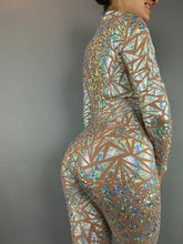 Silver Rhinestone Triangle Catsuit Costume, Shiny Bodysuit, Full Sleeves, Turtleneck
