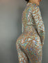 Silver Rhinestone Triangle Catsuit Costume, Shiny Bodysuit, Full Sleeves, Turtleneck