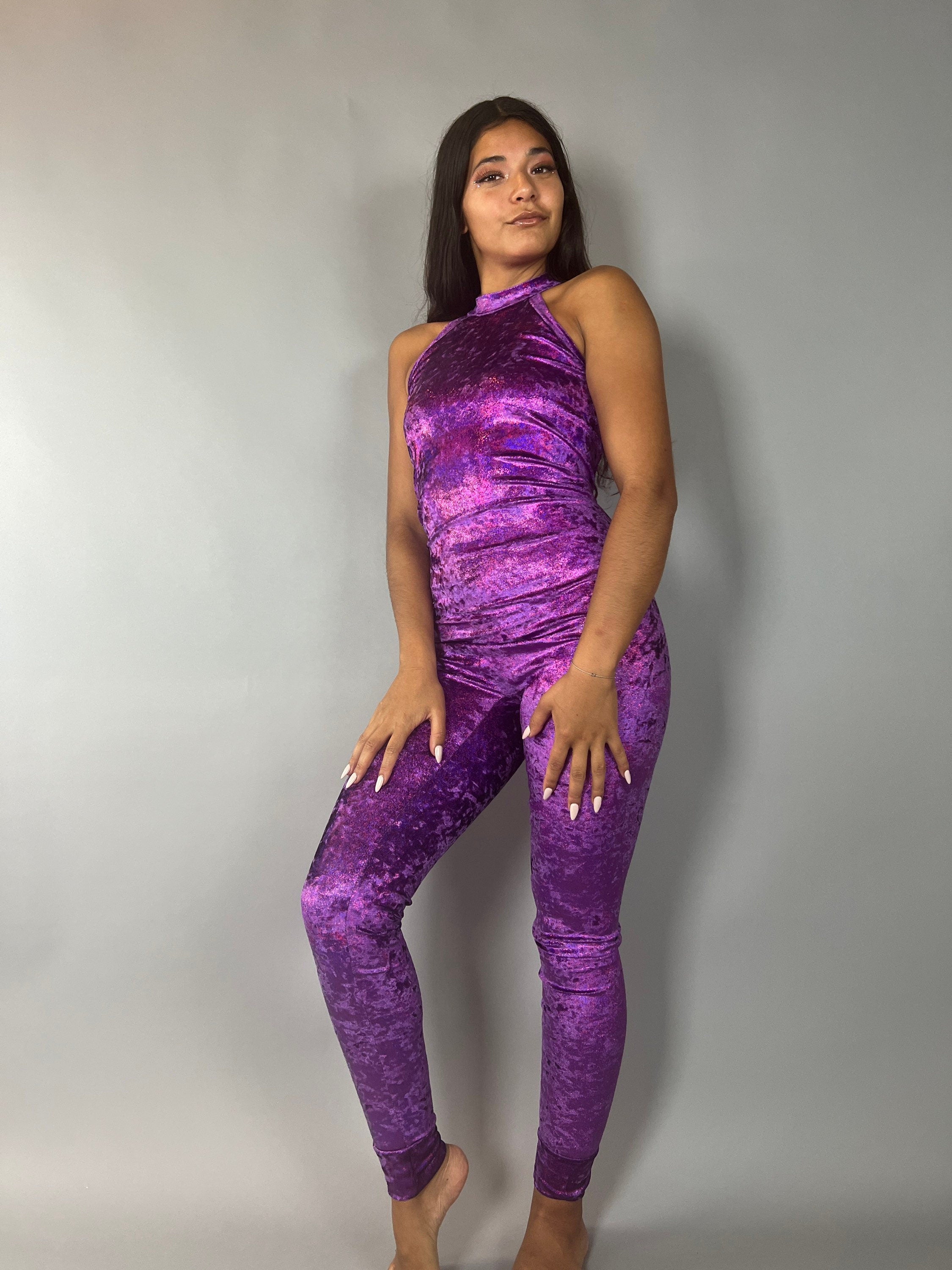 Beautiful Purple Velvet Catsuit, Halterneck, Open-Back, Sleeveless