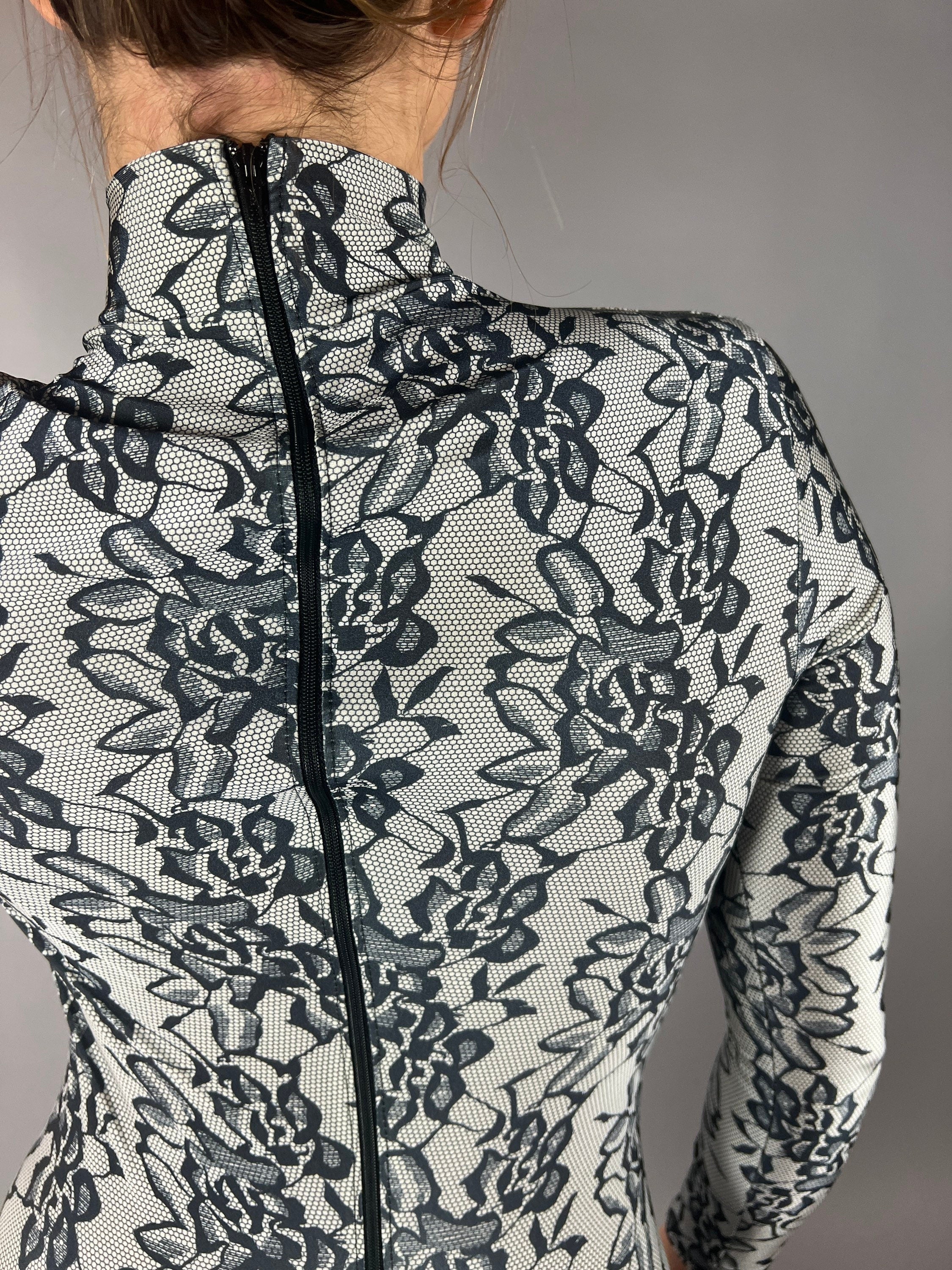 Floral Spandex Catsuit, High Neckline, Full Arm Coverage