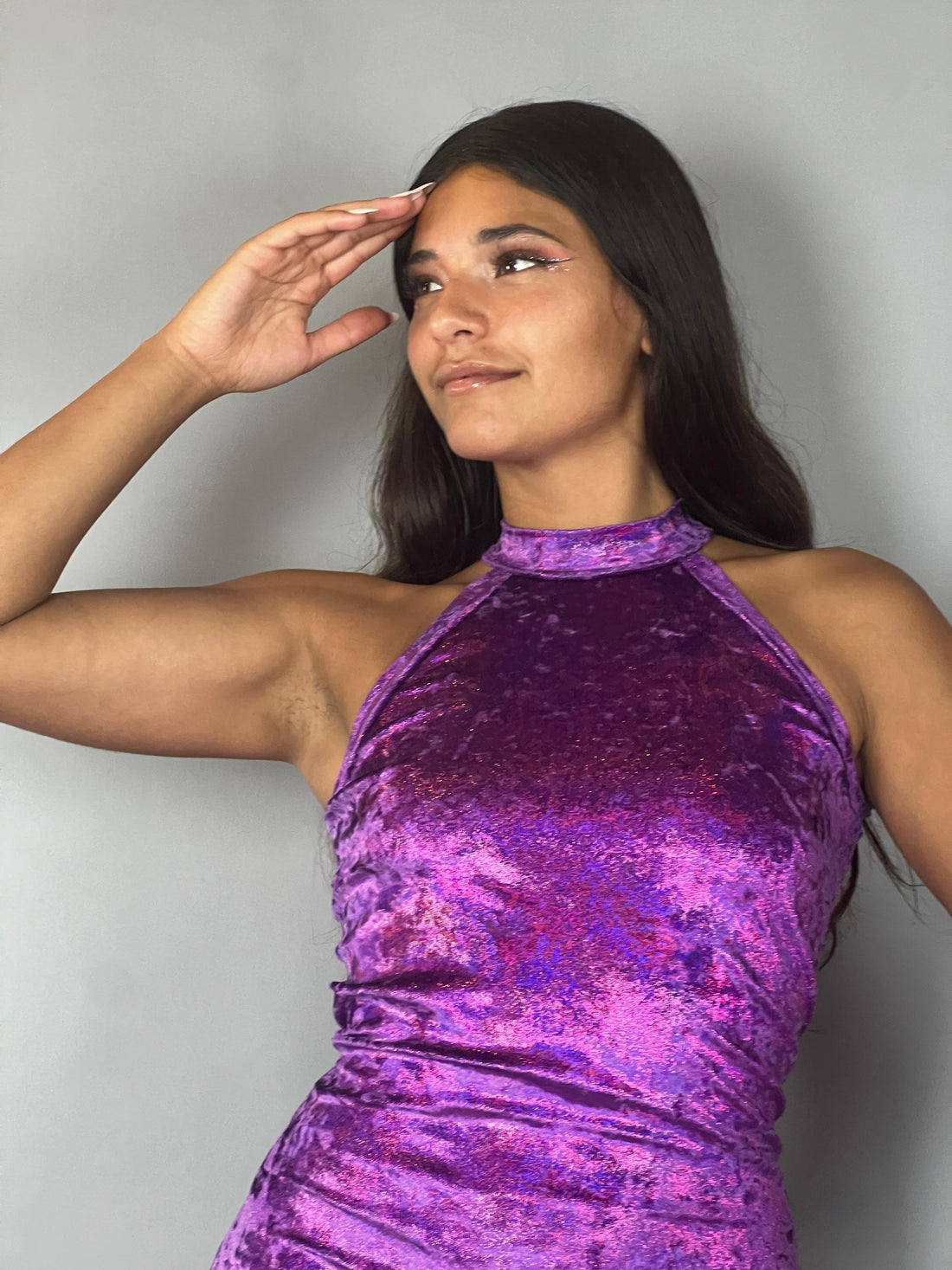 Beautiful Purple Velvet Catsuit, Halterneck, Open-Back, Sleeveless