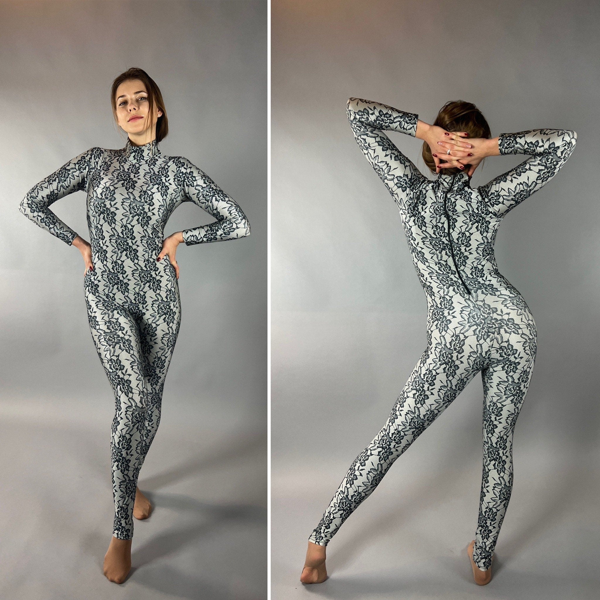 Floral Spandex Catsuit, High Neckline, Full Arm Coverage