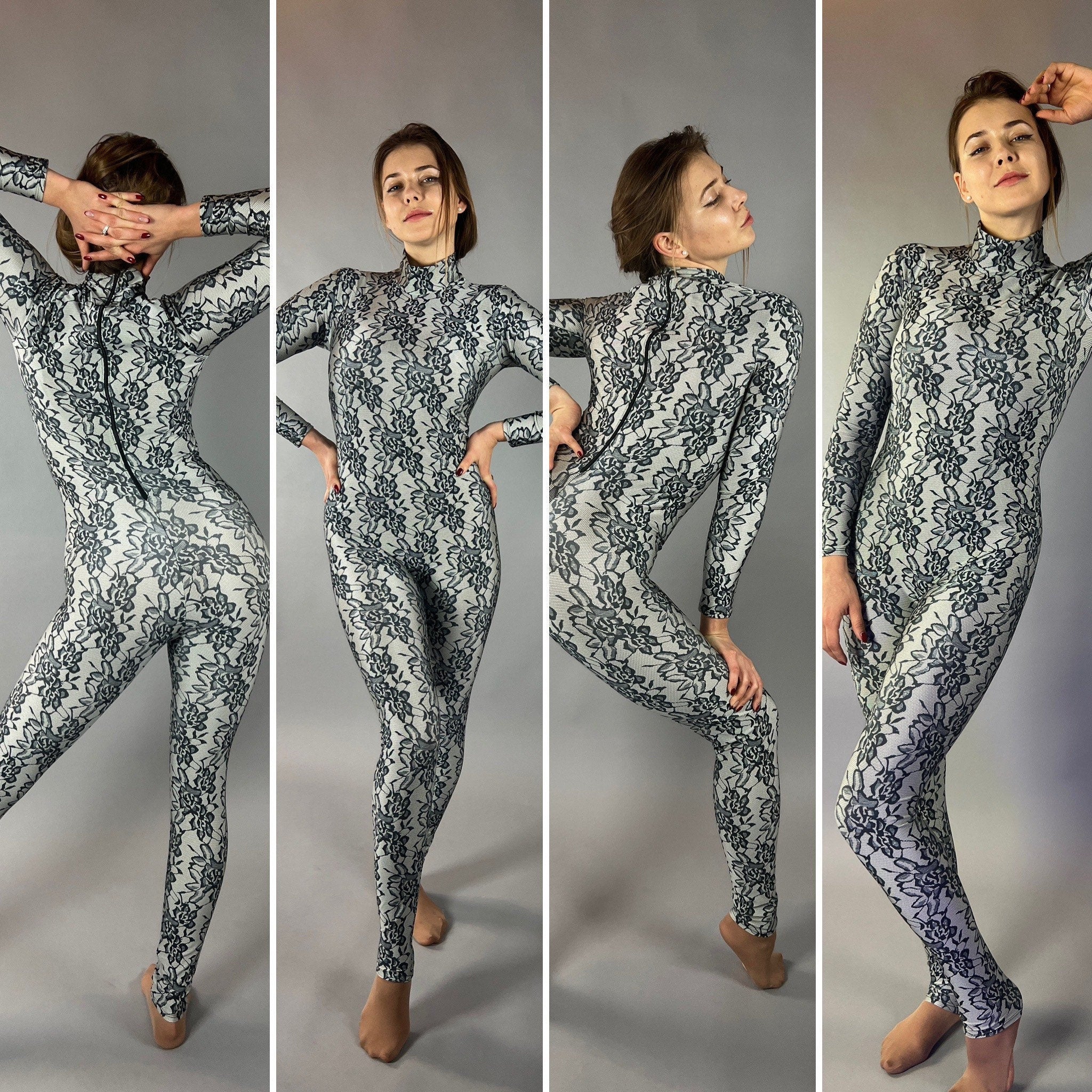 Floral Spandex Catsuit, High Neckline, Full Arm Coverage