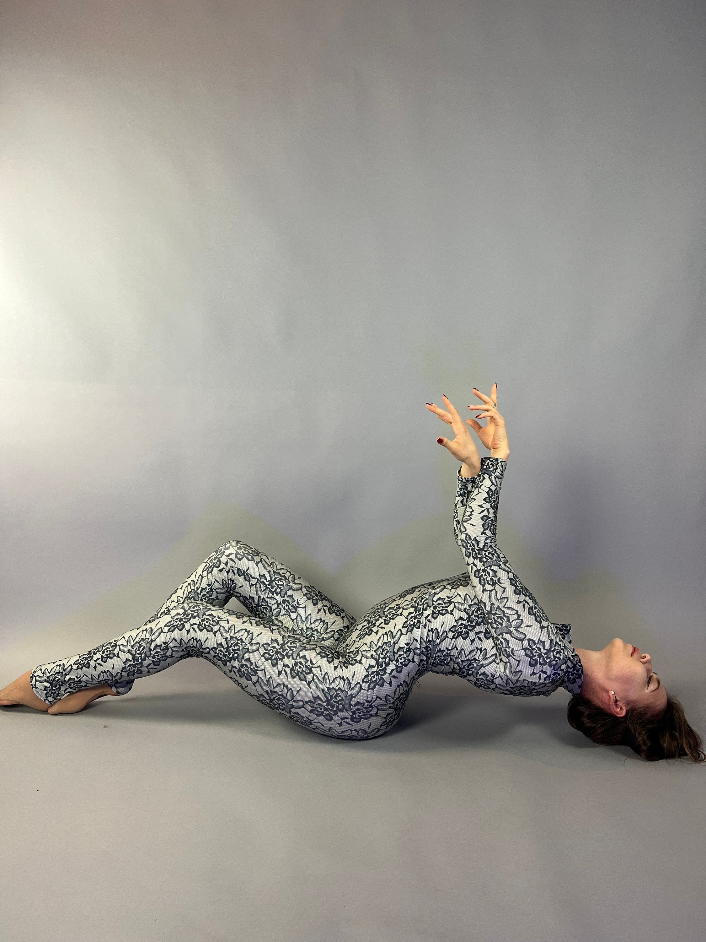Floral Spandex Catsuit, High Neckline, Full Arm Coverage