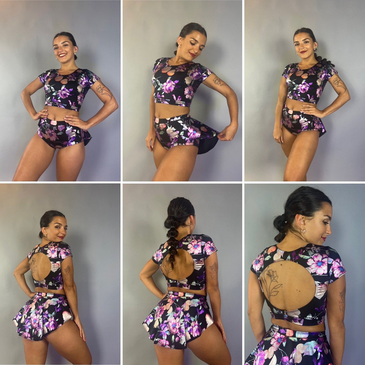 Flower Print Black Crop Top and Bottom Set, Boat Neck, Cup Sleeves, Shorts With Half Skirt