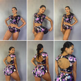 Flower Print Black Crop Top and Bottom Set, Boat Neck, Cup Sleeves, Shorts With Half Skirt