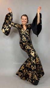 Disco Jumpsuit, Custom Bell Bottom Catsuit, Elegant Party Jumpsuit, Made by Measure, Dragon Print