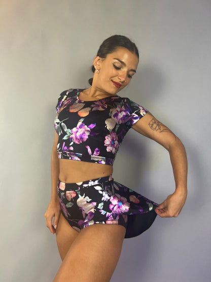Flower Print Black Crop Top and Bottom Set, Boat Neck, Cup Sleeves, Shorts With Half Skirt