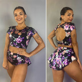 Flower Print Black Crop Top and Bottom Set, Boat Neck, Cup Sleeves, Shorts With Half Skirt
