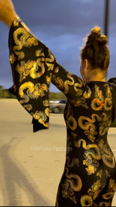 Disco Jumpsuit, Custom Bell Bottom Catsuit, Elegant Party Jumpsuit, Made by Measure, Dragon Print