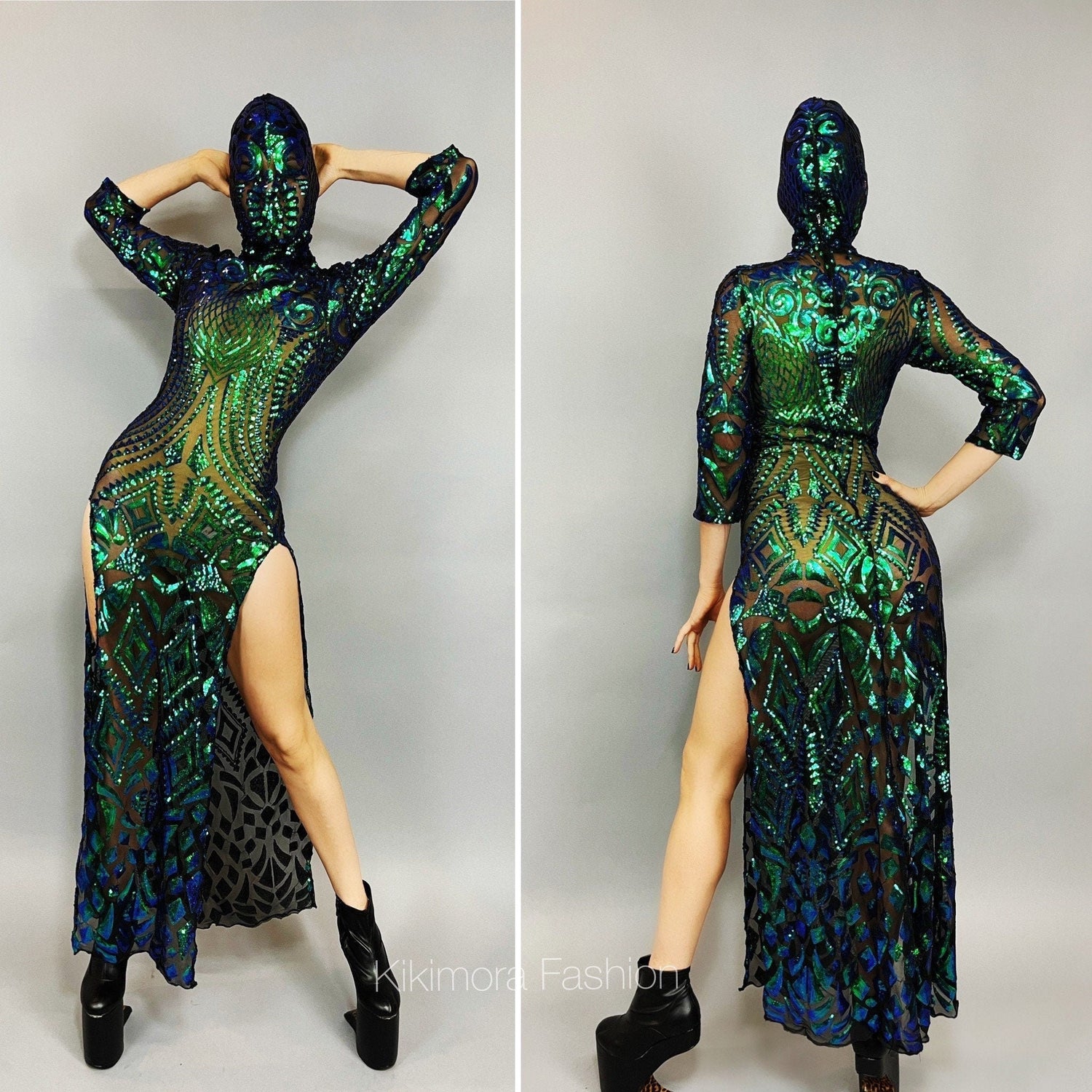 green sparkly dress costume Green Sequin Dress, Alien Headpiece Costume, Futuristic Fashion, Sheer Kikimora Fashion Store