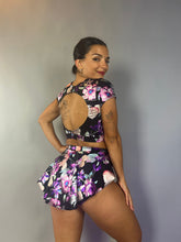 Flower Print Black Crop Top and Bottom Set, Boat Neck, Cup Sleeves, Shorts With Half Skirt