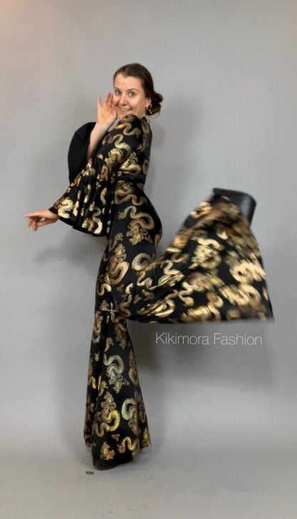 Disco Jumpsuit, Custom Bell Bottom Catsuit, Elegant Party Jumpsuit, Made by Measure, Dragon Print