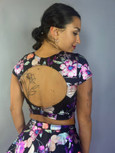 Flower Print Black Crop Top and Bottom Set, Boat Neck, Cup Sleeves, Shorts With Half Skirt
