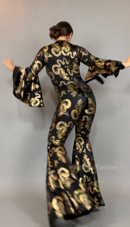 Disco Jumpsuit, Custom Bell Bottom Catsuit, Elegant Party Jumpsuit, Made by Measure, Dragon Print
