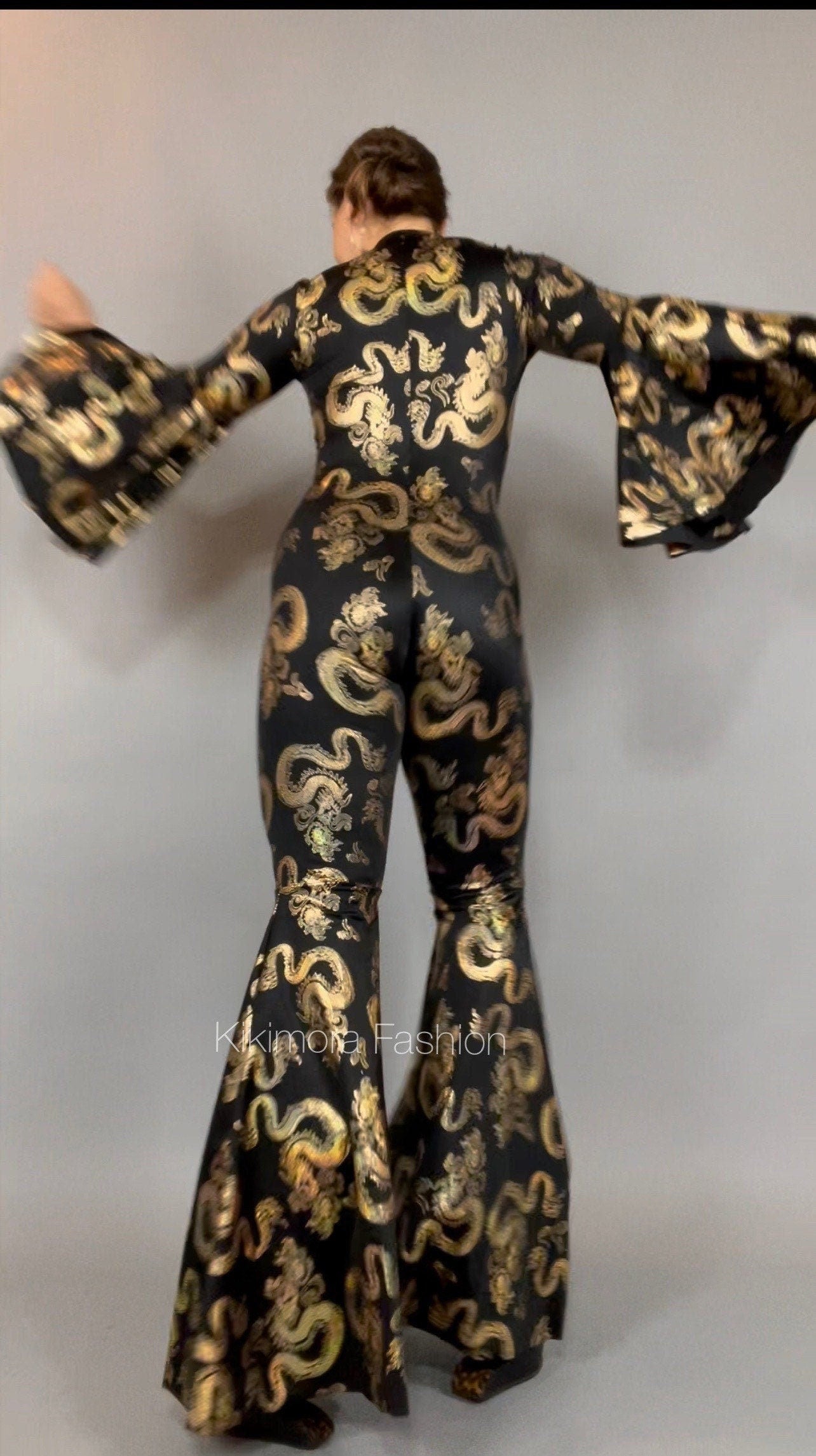 Disco Jumpsuit, Custom Bell Bottom Catsuit, Elegant Party Jumpsuit, Made by Measure, Dragon Print
