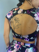 Flower Print Black Crop Top and Bottom Set, Boat Neck, Cup Sleeves, Shorts With Half Skirt
