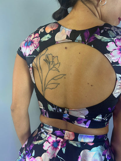 Flower Print Black Crop Top and Bottom Set, Boat Neck, Cup Sleeves, Shorts With Half Skirt