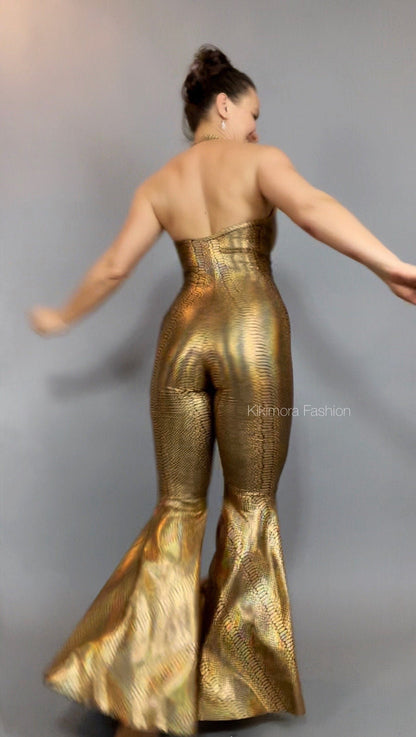 Golden Bell Bottom Jumpsuit, Halterneck, Backless, Sleeveless