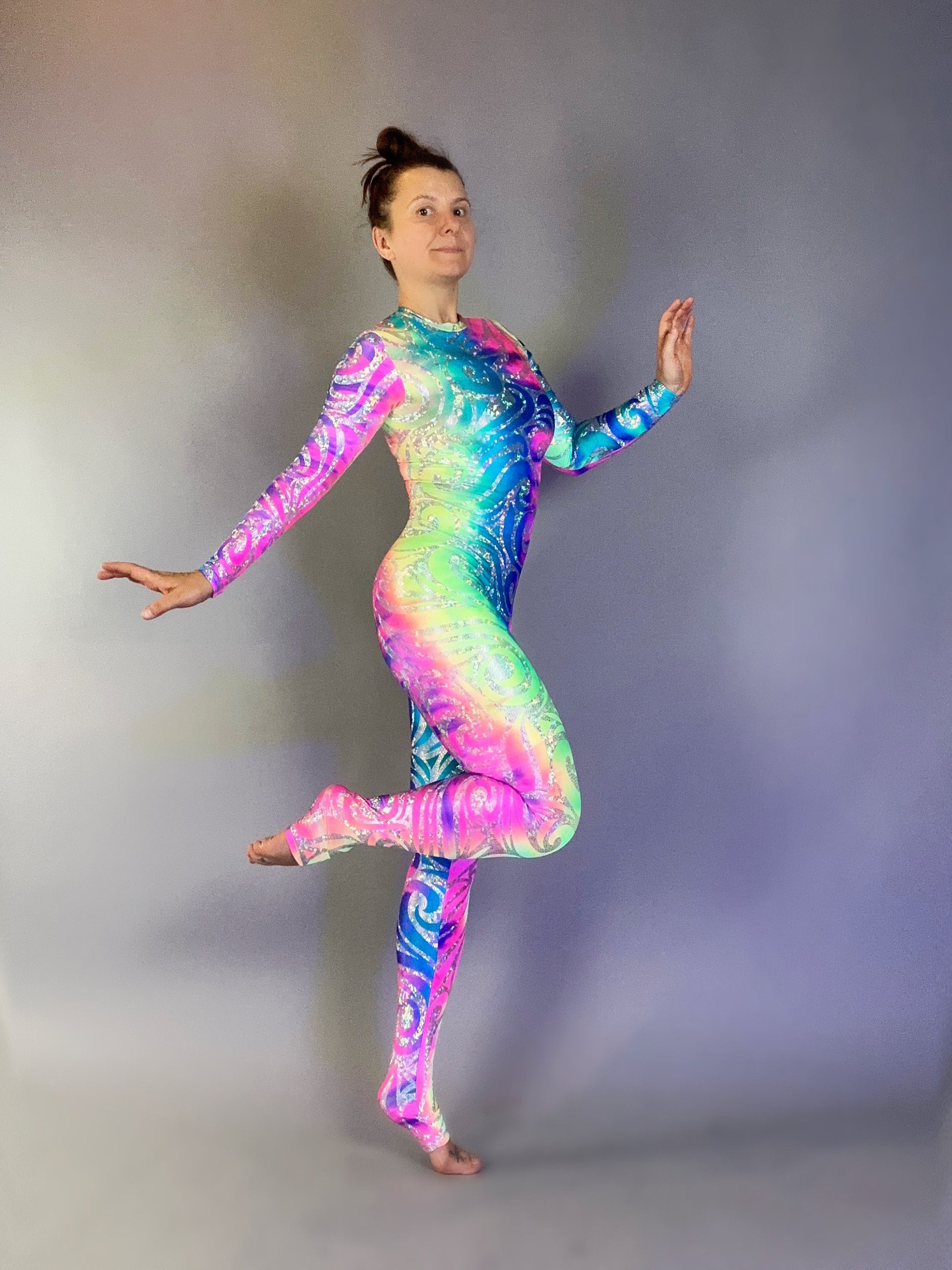 Rainbow Spandex Catsuit, Round Mock Neckline, Long Sleeves
