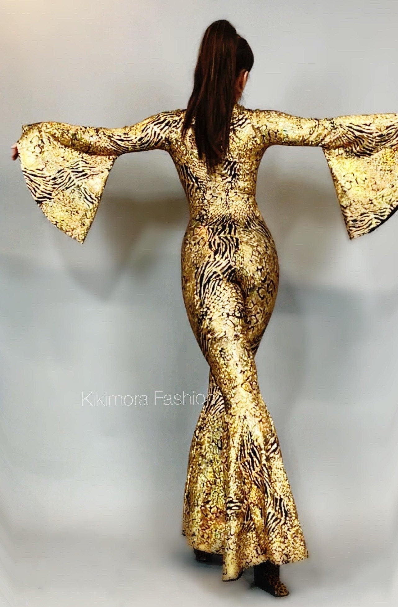 Gold Metallic Jumpsuit, Animal Print Catsuit, Bell Bottom Bodysuit, Flared Sleeve Unitard, 70s Disco Outfit, Retro Party Wear, Front Zipper One Piece Gold Metallic Jumpsuit, Animal Print Catsuit, Bell Bottom Bodysuit, Flared Sleeve Unitard, 70s Disco Outfit, Retro Party Wear, Front Zipper One Piece