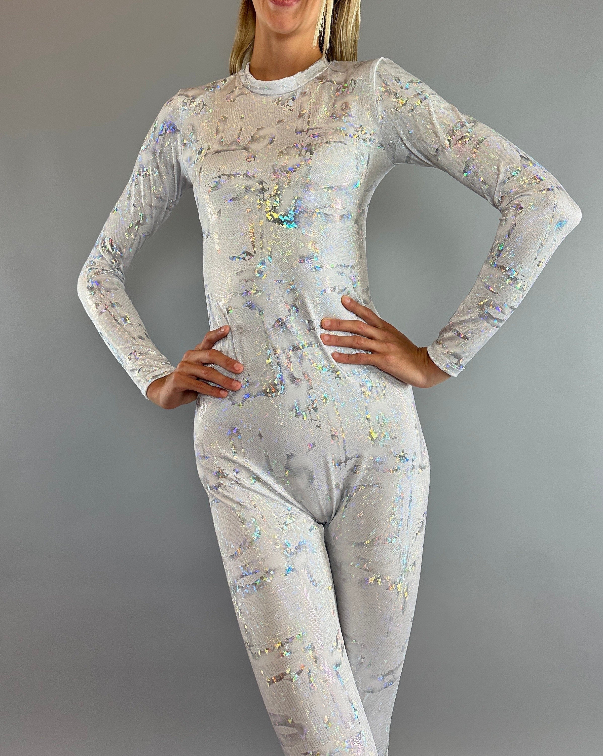 Shiny Silver Catsuit, White Sparkle Jumpsuit, Teardrop Back, Scoop Neck, Full Sleeves