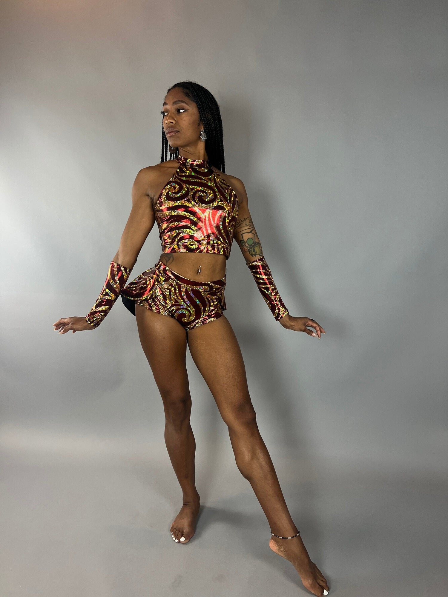 Sheeny Red and Gold Crop Top and Bottom Set, Halterneck Top, Shorts with Half-Skirt, Hand Accessories