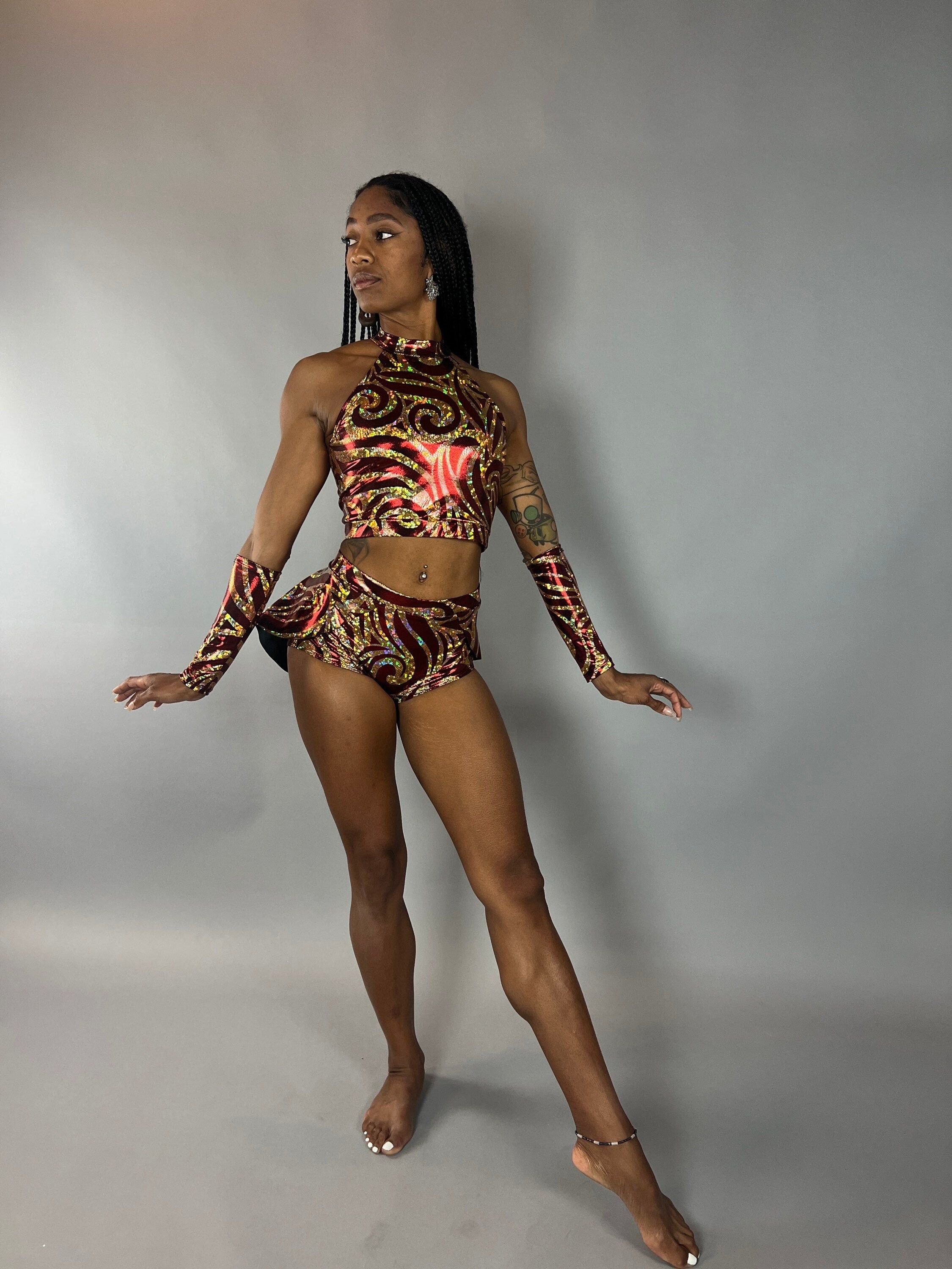 Sheeny Red and Gold Crop Top and Bottom Set, Halterneck Top, Shorts with Half-Skirt, Hand Accessories
